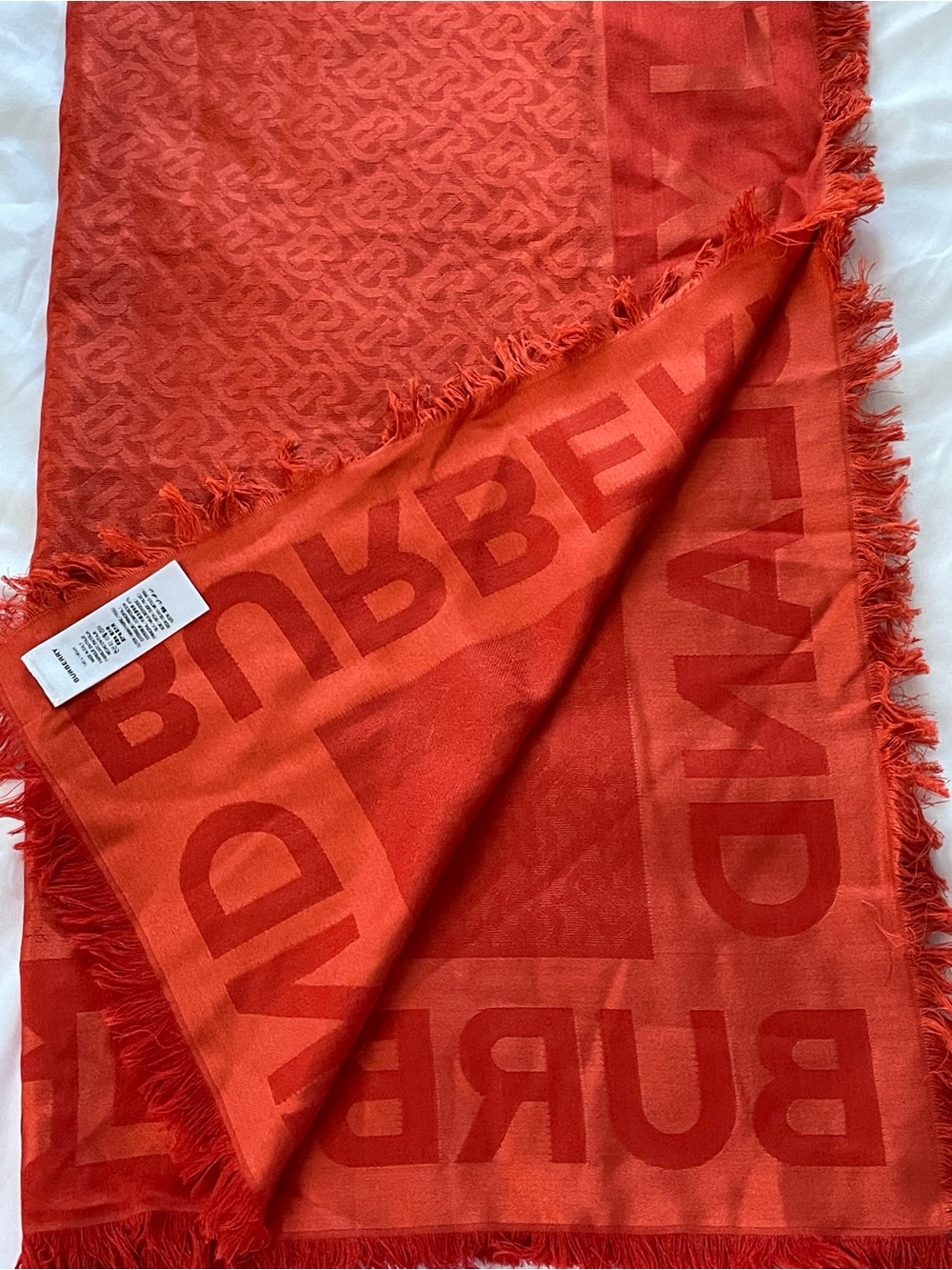 Burberry Red-Orange Logo Jacquard Fringe Scarf